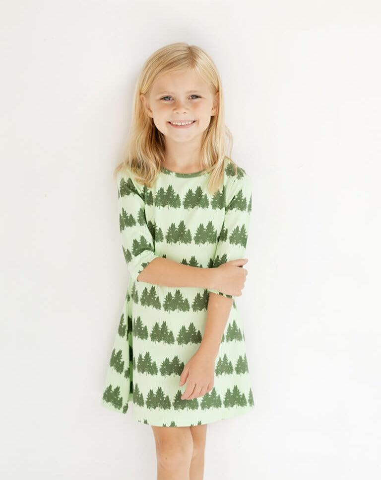 Girls' Green Dress - Tree Print